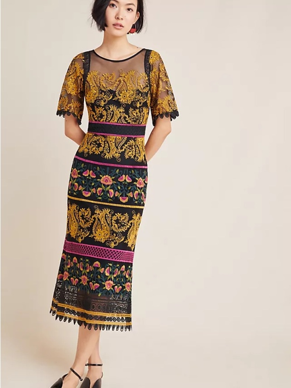 Anthropologie Jacquin Embroidered Midi Dress